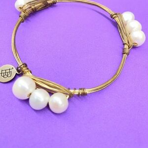 Bourbon and Bowties Gold Wire-Wrapped Bracelet with White Pearls